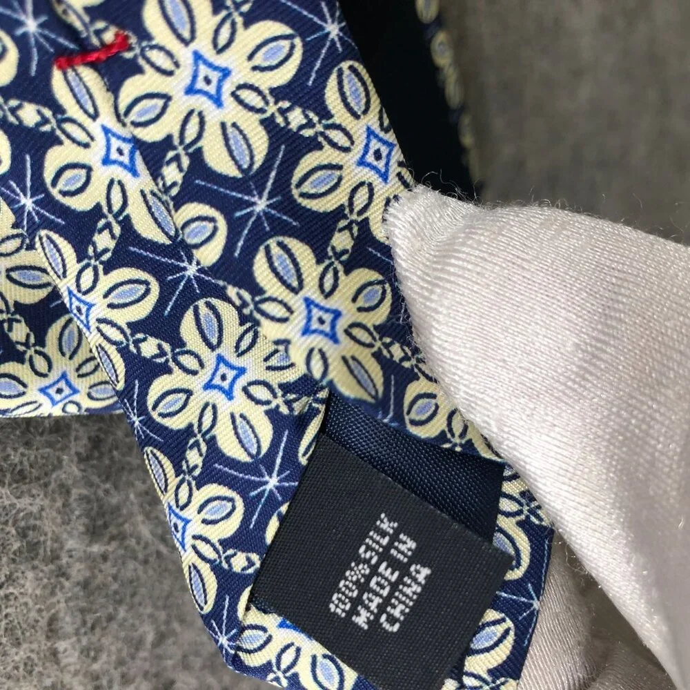 NWT‎ Tommy Hilfiger Silk Tie Mens Blue Beige Geometric Floral Print MSRP $69